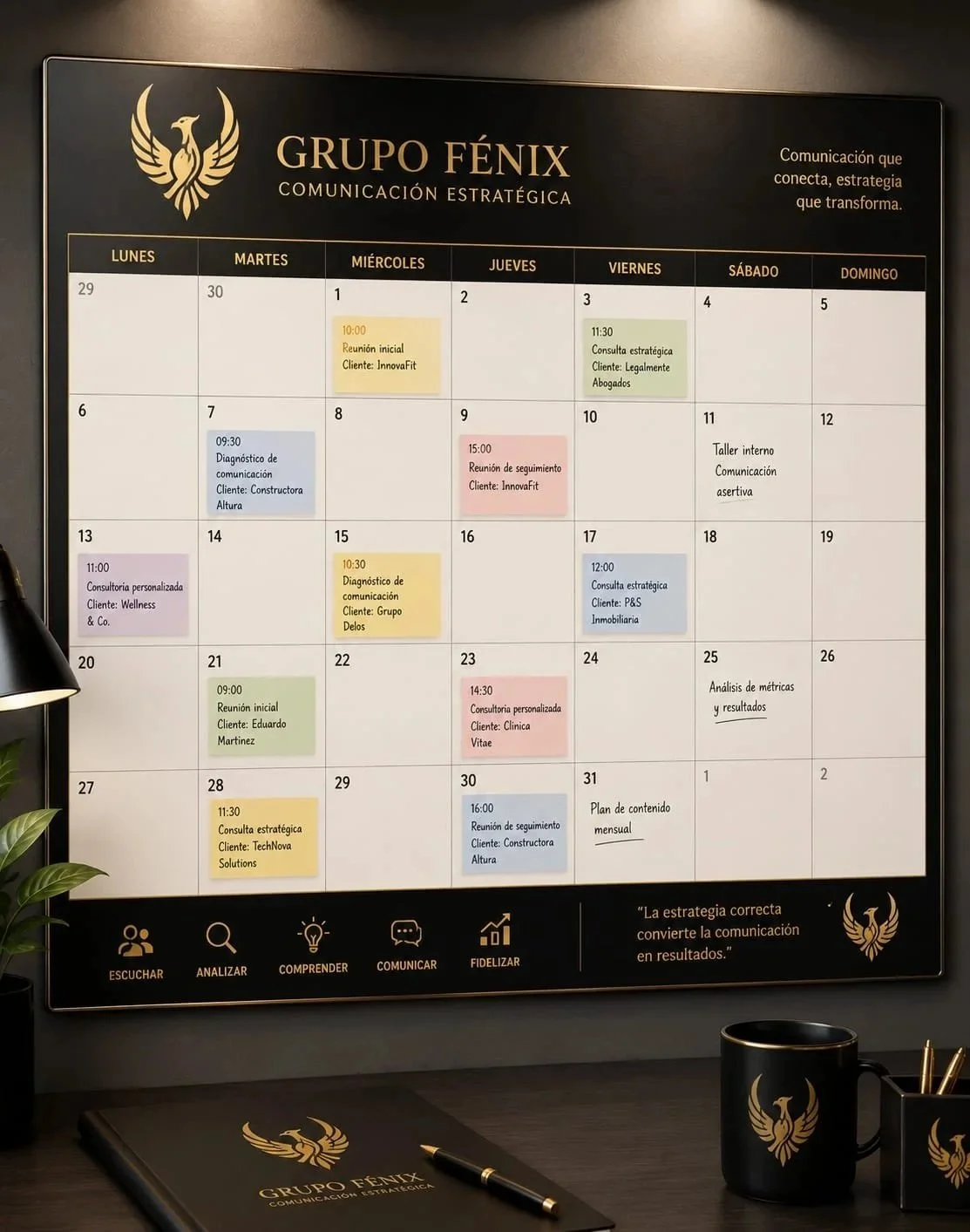 Calendario semanal de la empresa Grupo Fénix con eventos y reuniones programadas, incluyendo consultas estratégicas, diagnósticos de comunicación y reuniones de seguimiento.
