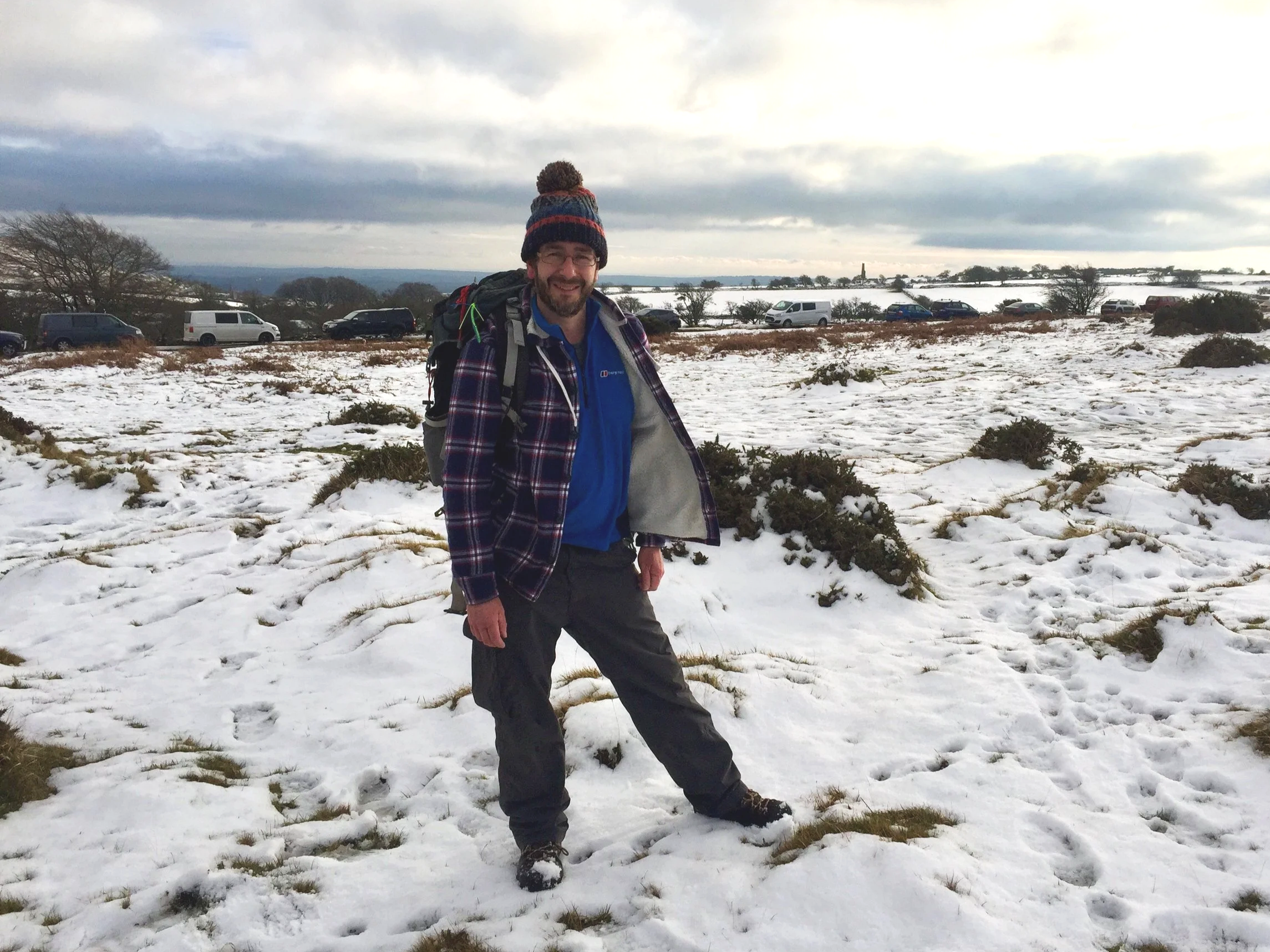 Calum hiking on Bodmin Moor in the snow. This is one of the few places in Cornwall to get some snow every winter.