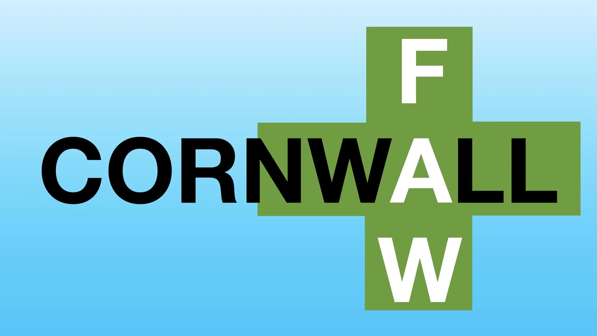 The image features the word "CORNWALL" in black running horizontally with the word FAW in white running vertically intersecting the A and a green cross behind the lettering centred on the intersection.