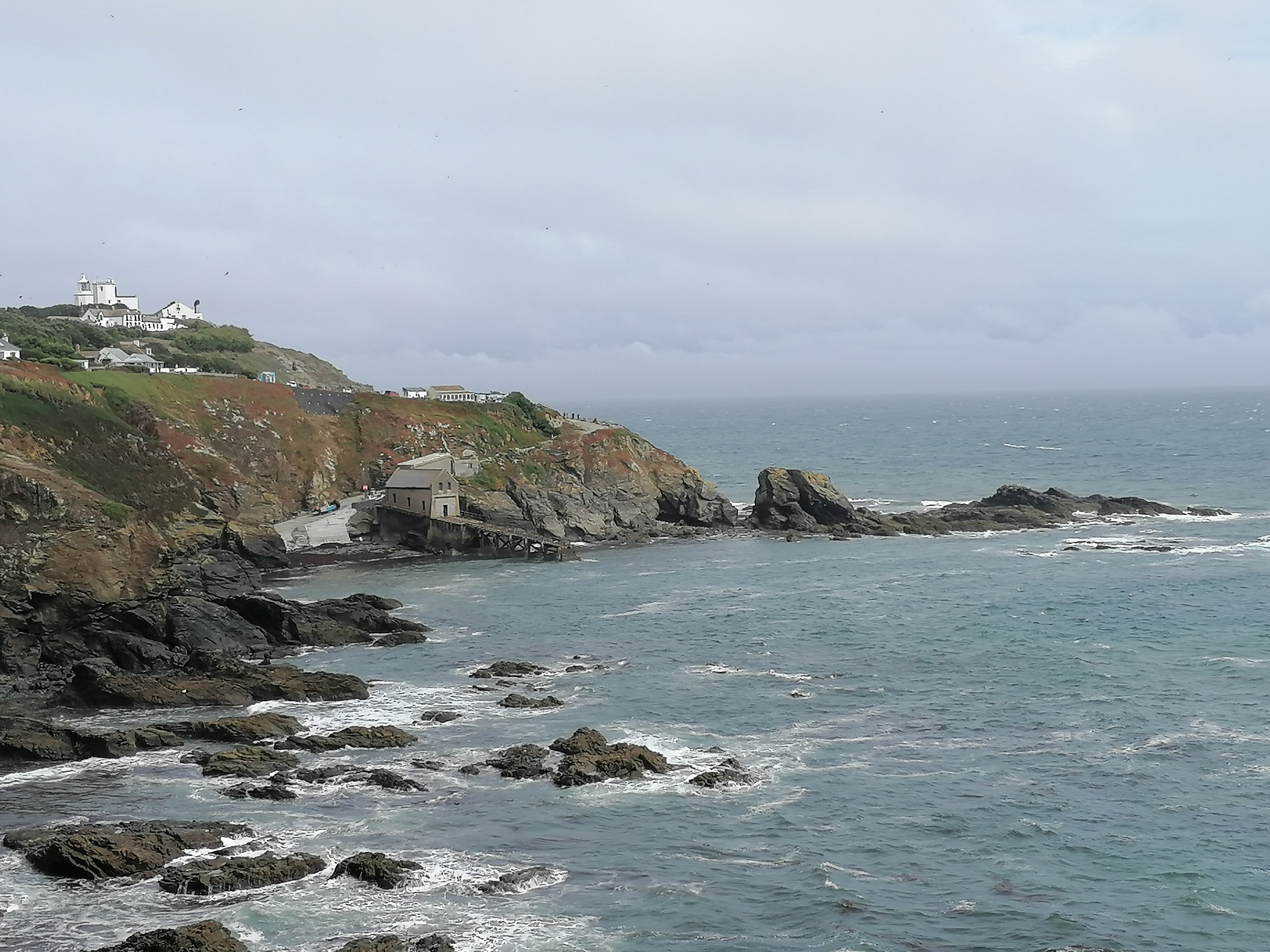 Coastal landscape with rocky shoreline, white buildings on green hillside, and a cloudy sky over the ocean.