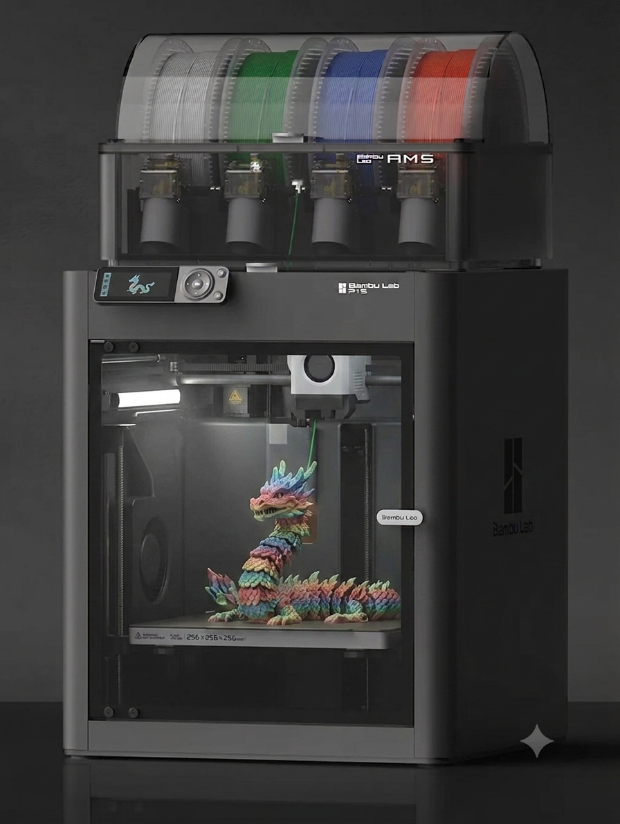 3D-gedruckter bunter Drache in einer 3D-Druckmaschine.