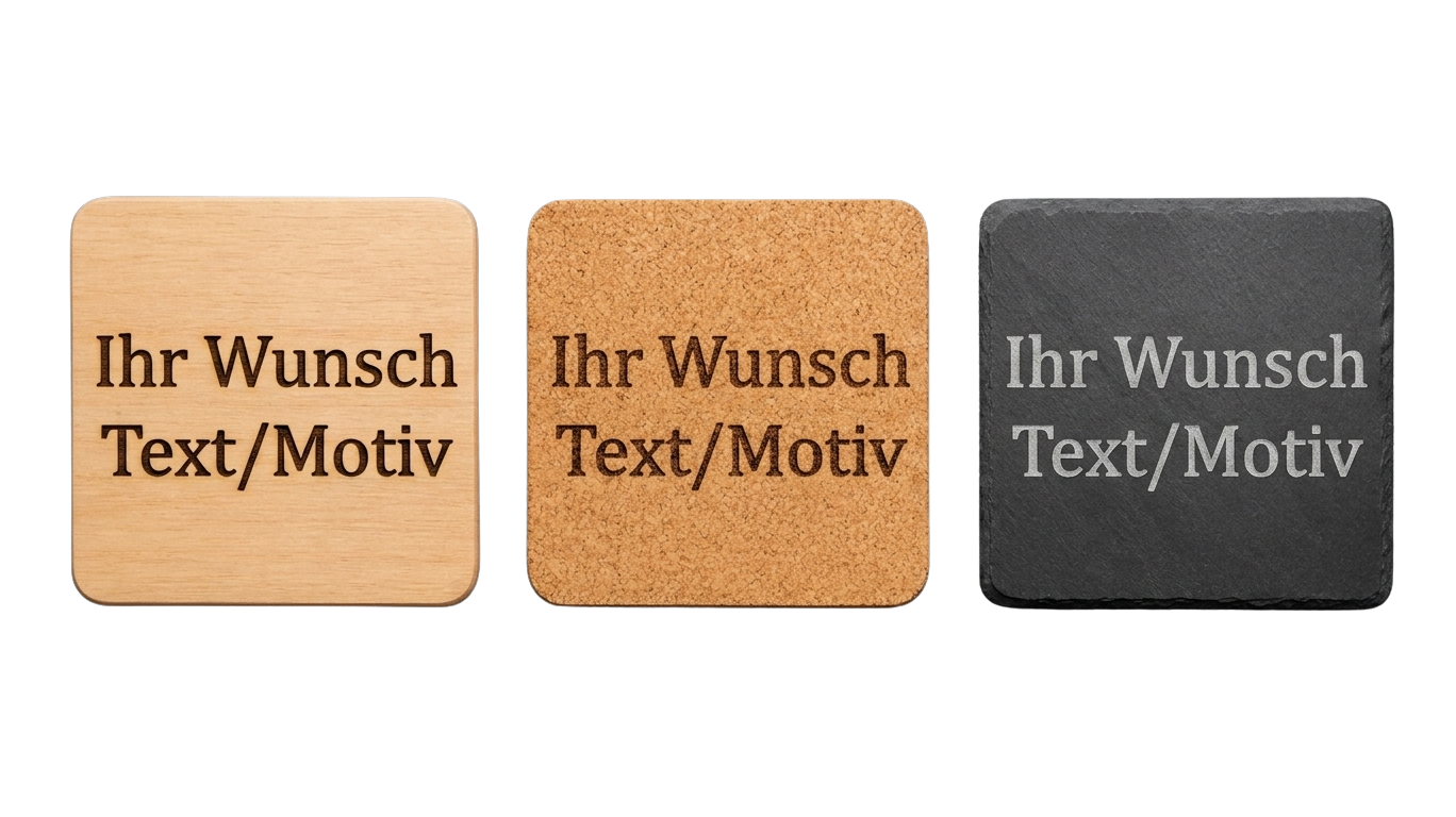 Drei personalisierbare Untersetzer aus Holz, Kork und Schiefer mit Beispielgravur.