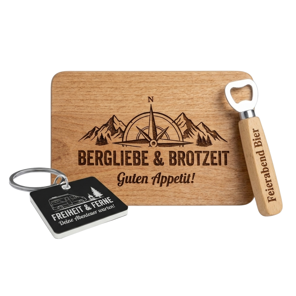 Personalisiertes Holzbrett mit Bergmotiv, gravierter Flaschenöffner und Schlüsselanhänger.