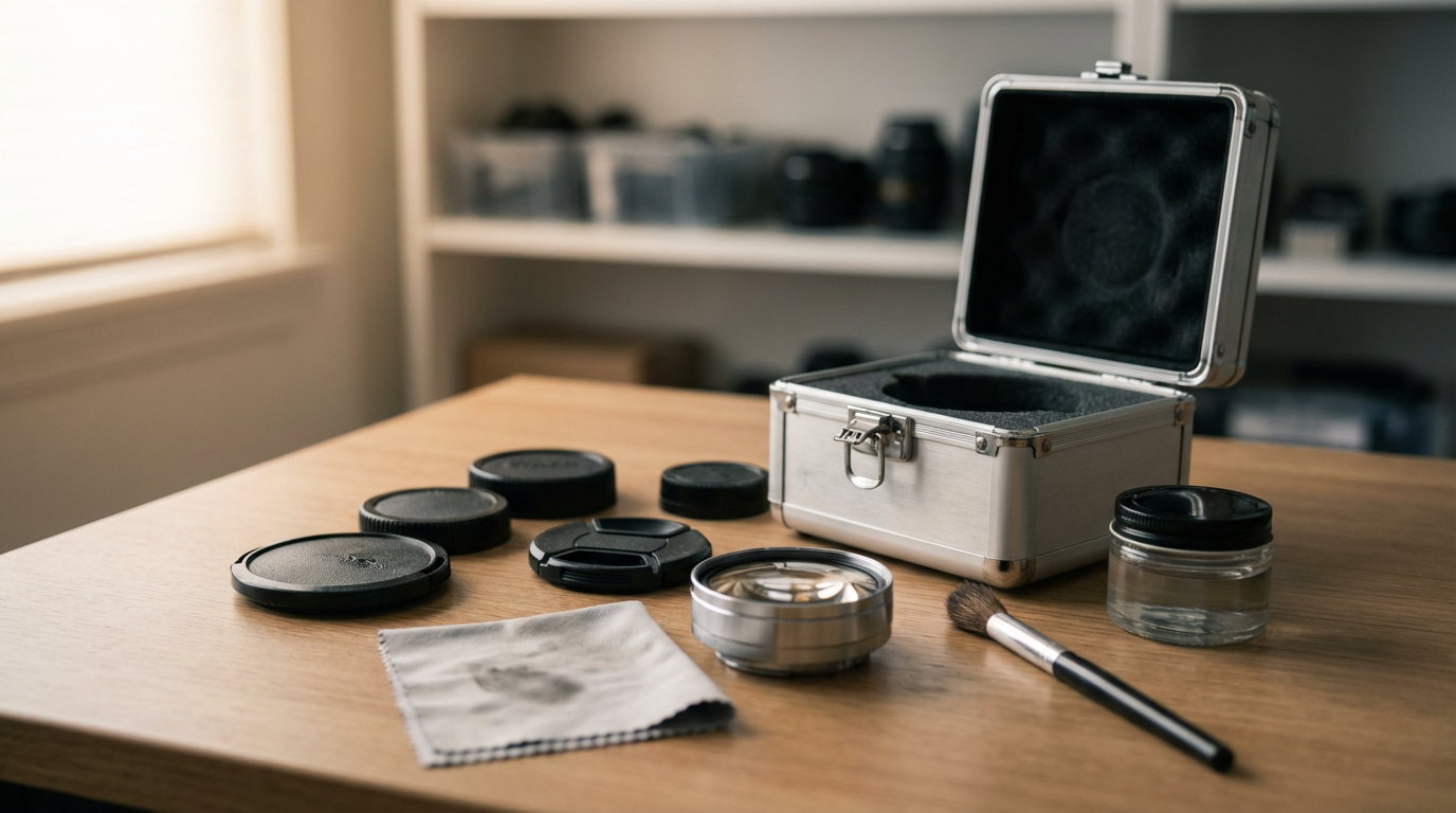 Camera lens accessories, a cleaning cloth, and a brush on a wooden table, with a silver camera lens cleaning kit box open.