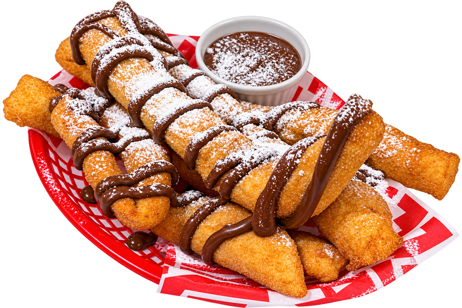 Fried cheese sticks drizzled with chocolate and dusted with powdered sugar, served with a side of chocolate dipping sauce on a red basket lined with red and white paper.