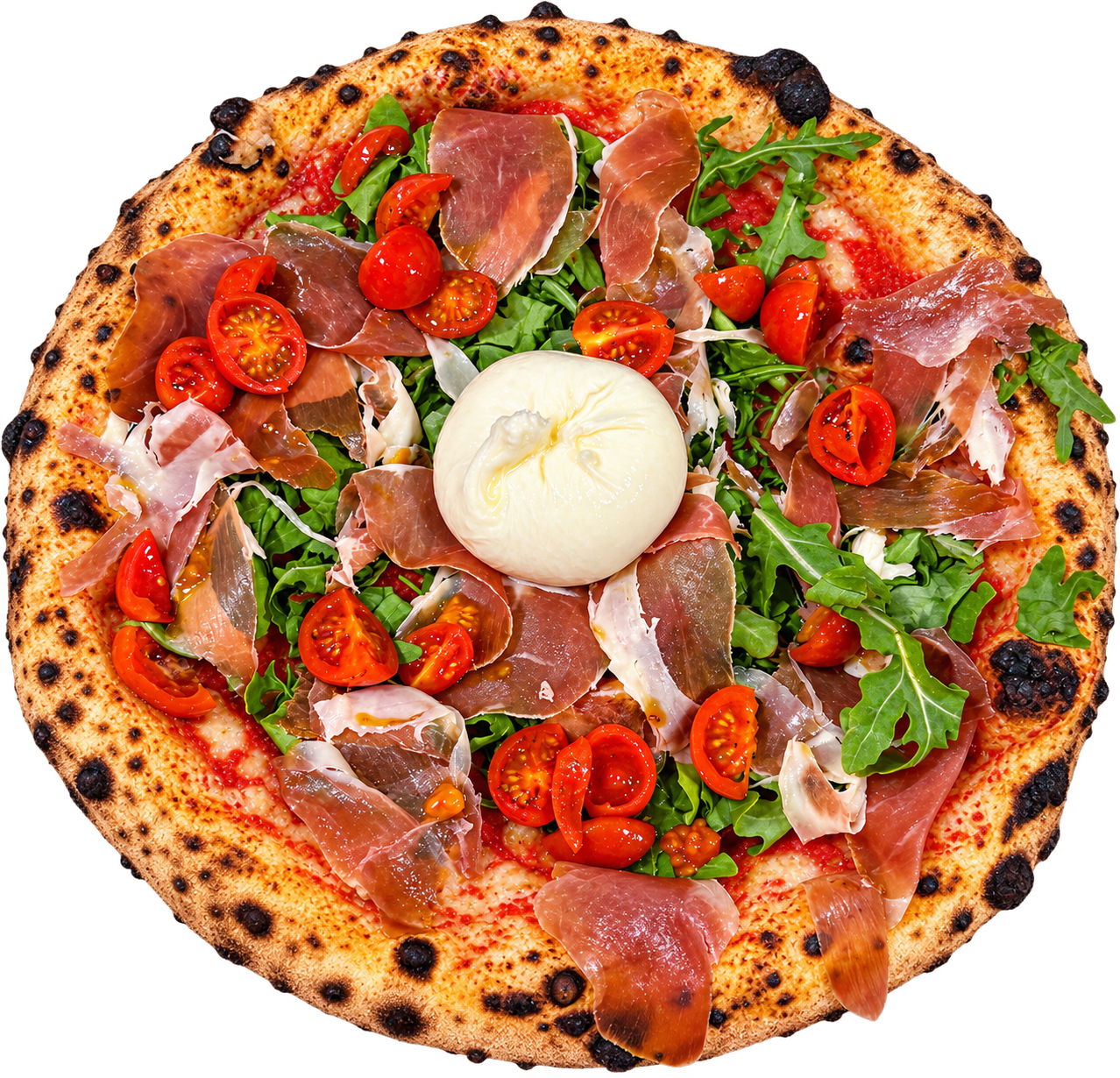 Pizza with prosciutto, cherry tomatoes, arugula, and a ball of fresh mozzarella cheese on top.