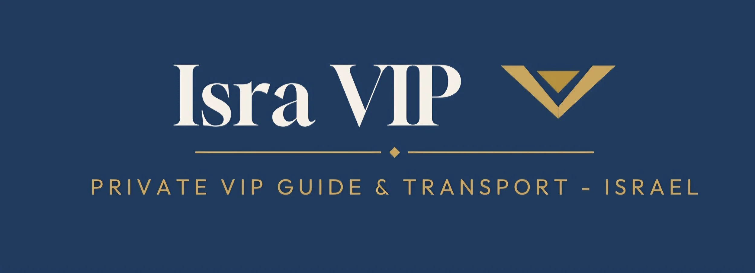 Logo for IsraVIP, a private VIP guide and transportation service in Israel, featuring navy blue background with white and gold text and geometric design.