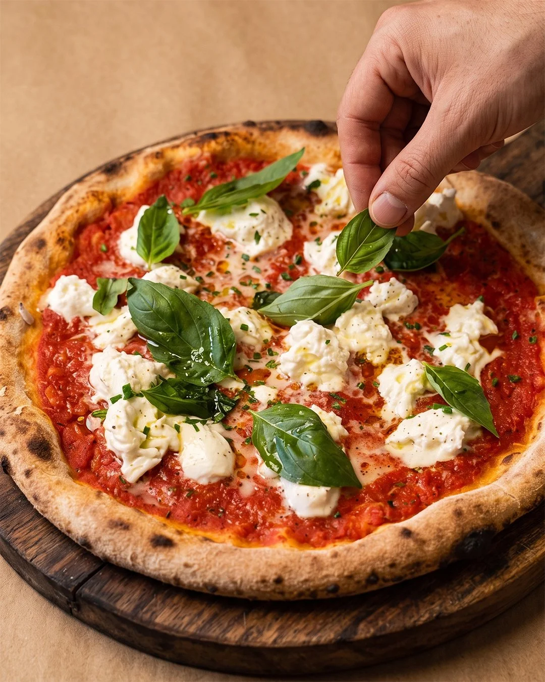 Pizza Margherita à la mozzarella, basilic frais et huile d'olive, sur une pâte fine et aérienne
