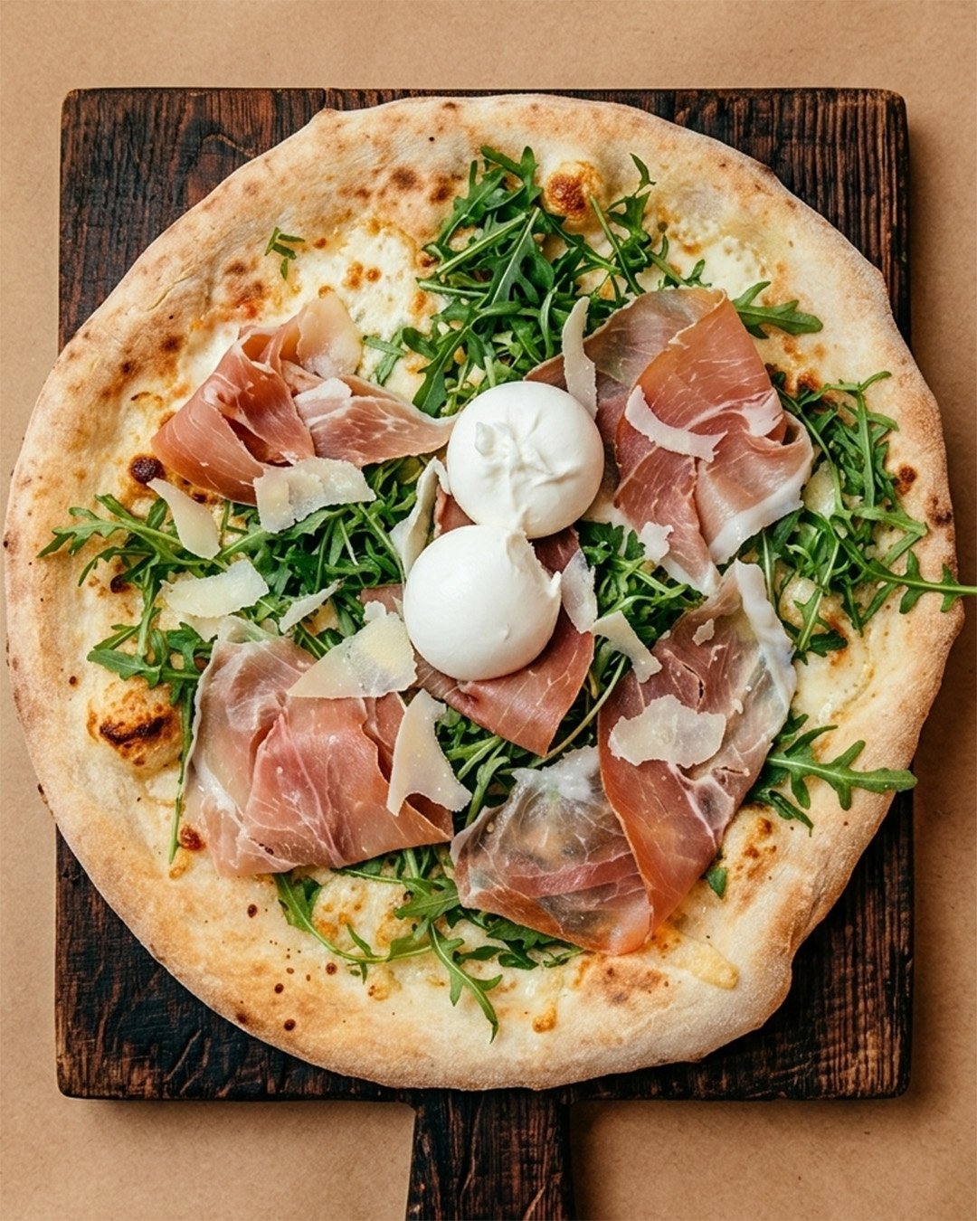 Pizza au jambon cru, roquette et copeaux de fromage sur une pâte fine et aérienne
