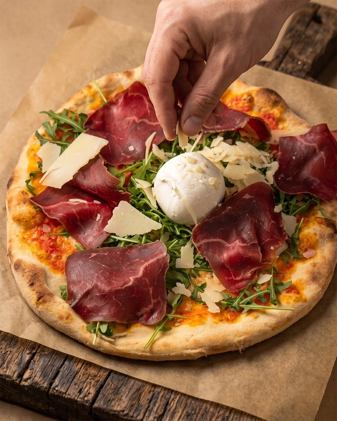 Pizza Firenze au jambon cru, burrata, roquette et copeaux de fromage