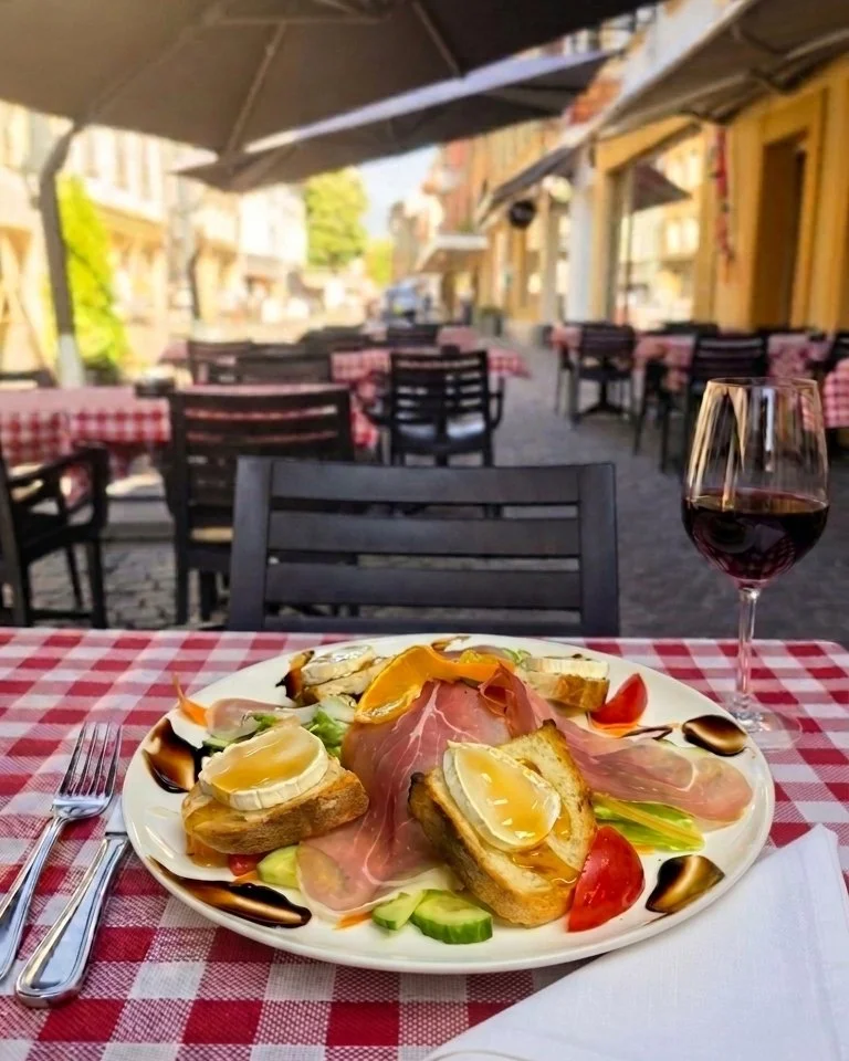 Ein köstlicher Salat mit Rohschinken, Toasts mit warmem Ziegenkäse und Rohkost, serviert auf der Terrasse im Bellucci in Yverdon-les-Bains