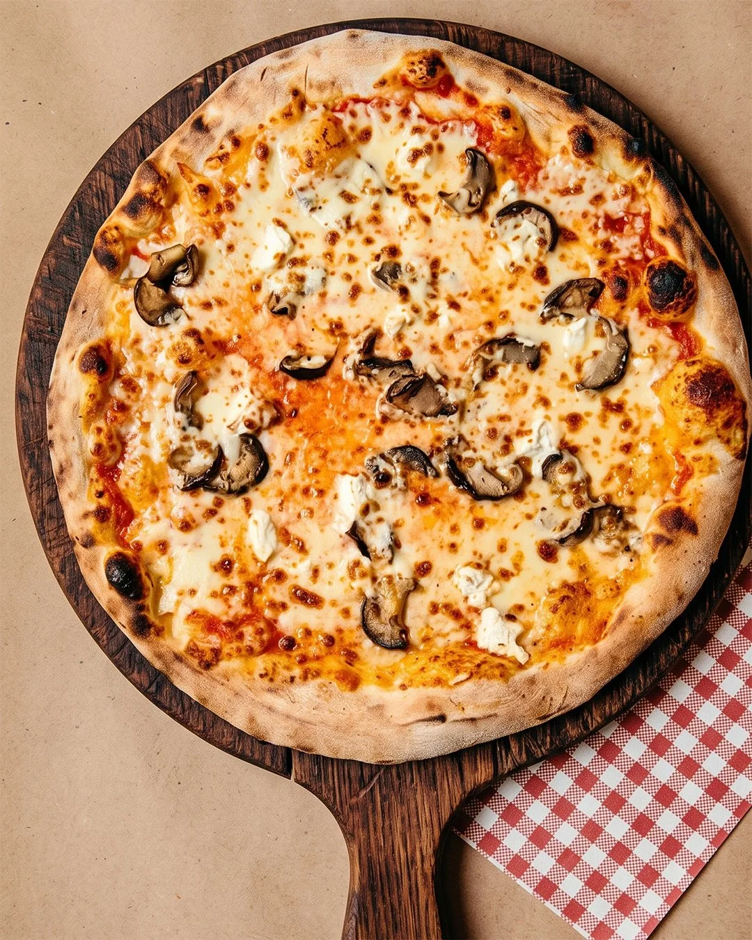 Pizza aux champignons et mozzarella sur sauce tomate, pizzeria Bellucci à Yverdon-les-Bains
