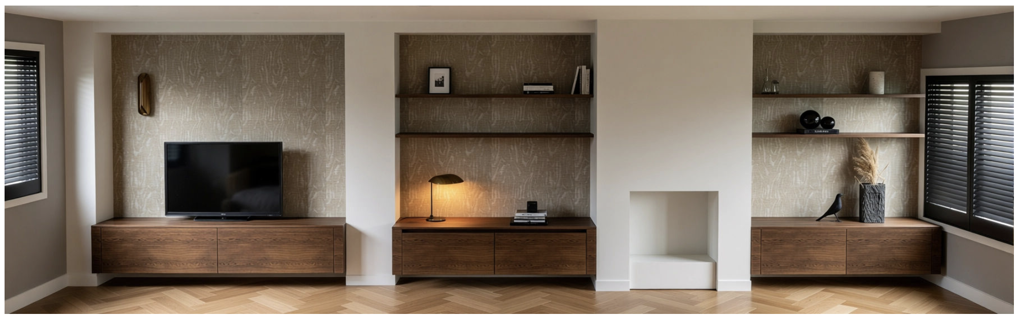 Living room with built-in wall shelves, a flat-screen TV, a small table lamp, decorative items, and wooden cabinets against textured wallpaper, near windows with blinds.