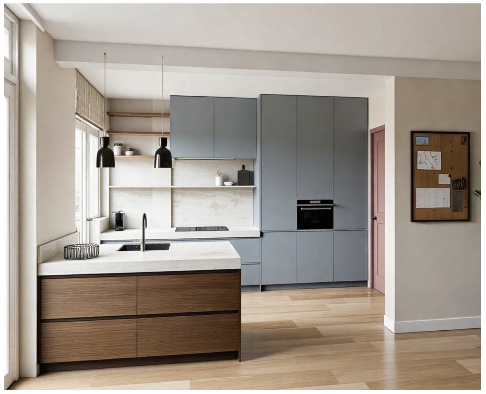 Modern kitchen with gray cabinets, white countertops, a built-in oven, open shelves with decor, and black pendant lights.