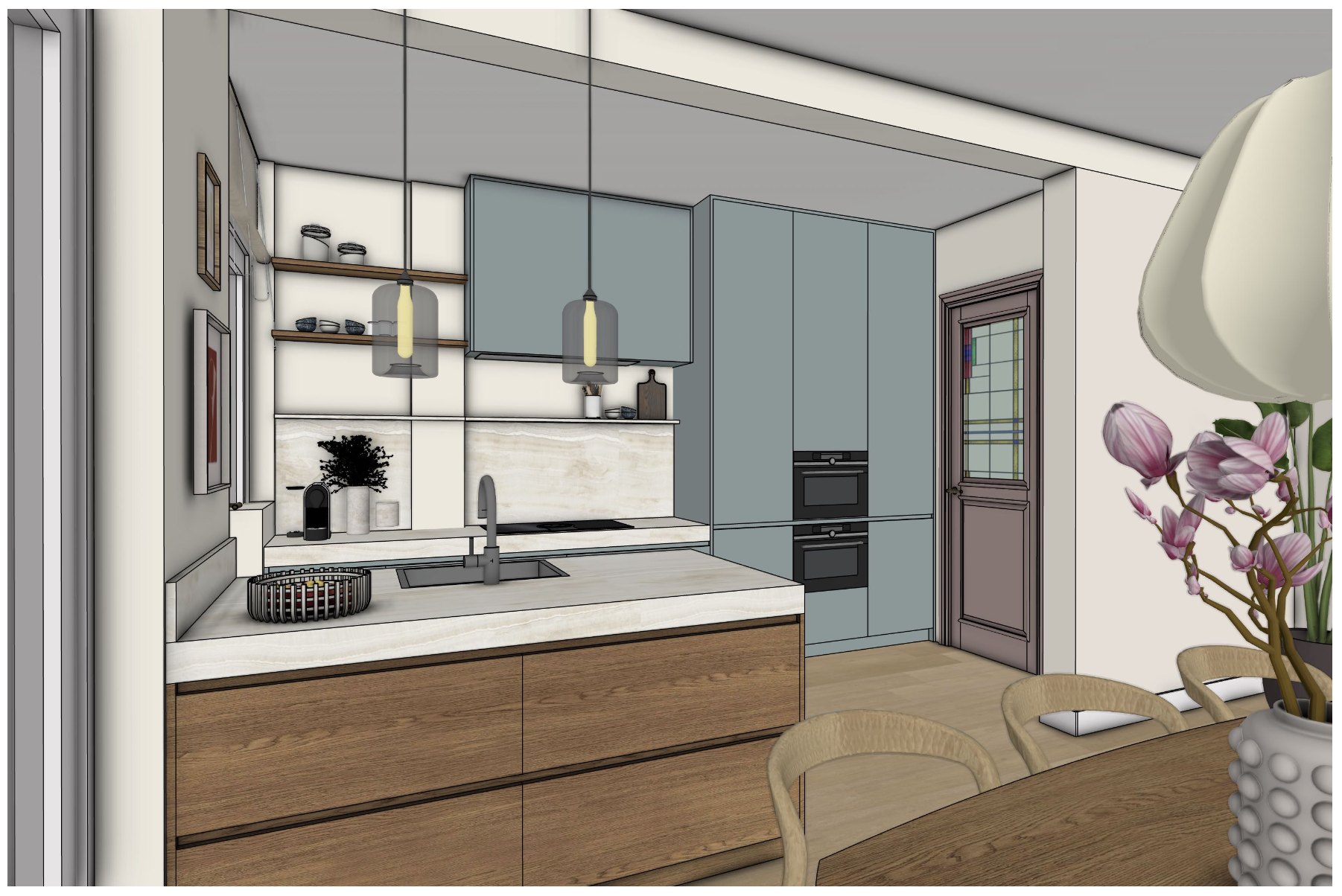 Modern kitchen with blue cabinetry, a marble backsplash, open wooden shelves with dishes, a wooden island with a white countertop, and pendant lighting. There is a door with stained glass window and a countertop with a plant, a coffee machine, and a 