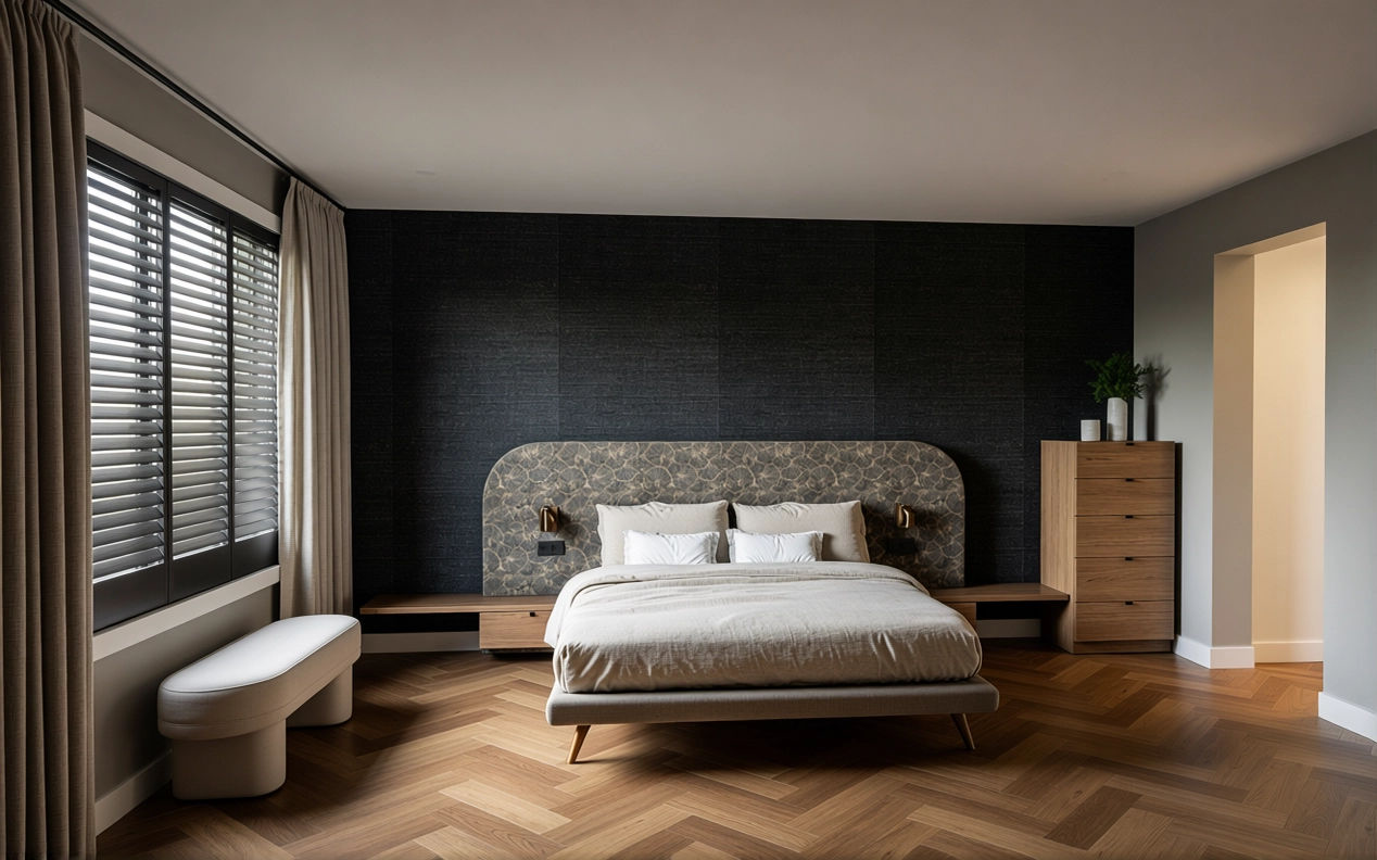 Maatwerk hoofdbord dat over de hele wand doorloopt met geintegreed ladekast Donker blauw sisal behang en een vol bewerkte stof van Lizzo. Poefje naast het bed.