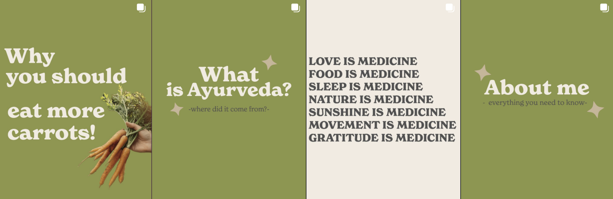 A green background flyer with white and black text promoting Ayurveda. The flyer features an image of a hand holding fresh carrots with green tops. The text reads, "Why you should eat more carrots!" and "What is Ayurveda? - where did it come from?" It lists reasons to consider Ayurveda, such as love, food, sleep, nature, sunshine, movement, and gratitude being medicines, with an additional section "About me - everything you need to know".