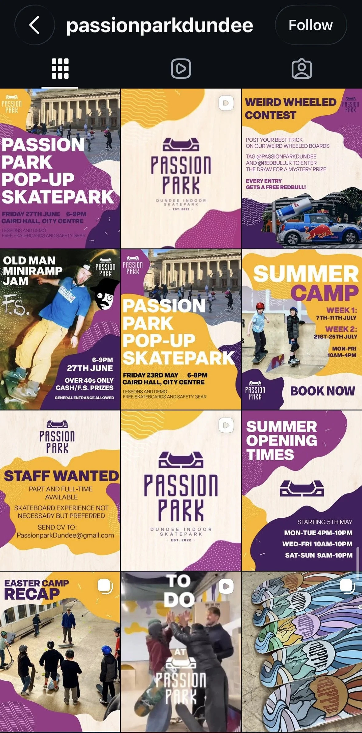 Collection of promotional posters and flyers for Passion Park, an indoor skatepark in Dundee, featuring skateboarding events, contests, summer camps, staff recruitment, opening times, recap, and snacks.