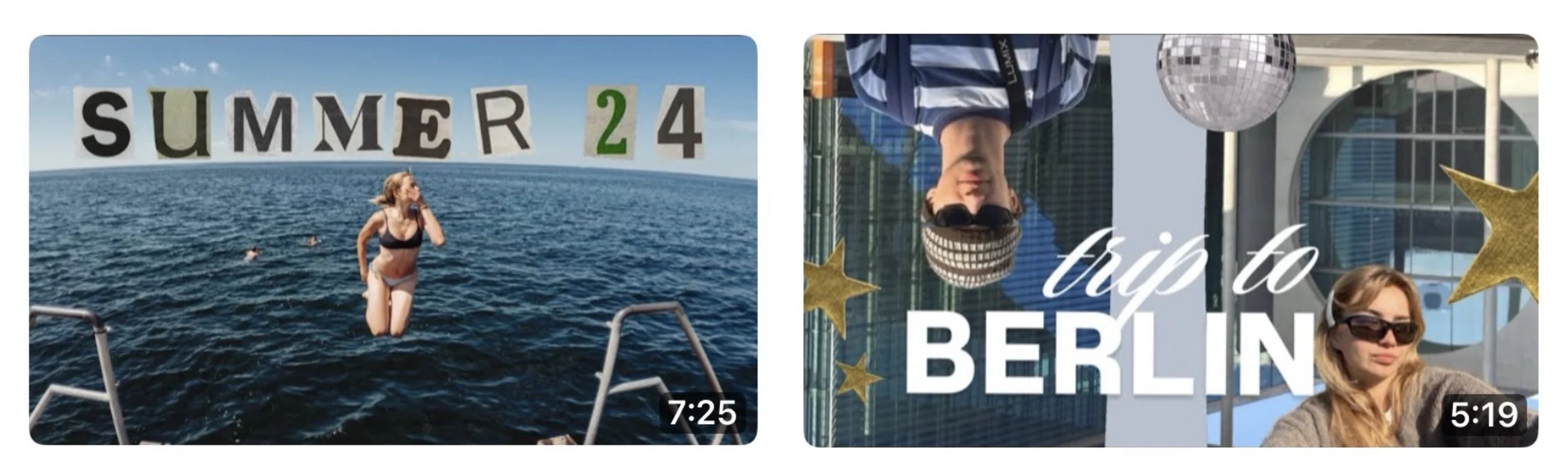 YouTube thumbnails showing travel content. The first features a woman in a black bikini jumping into the water off a boat with the text 'Summer 24' above. The second shows a woman and a man with sunglasses and caps, with the woman wearing sunglasses, and the text 'trip to Berlin' amid decorative stars and a disco ball.
