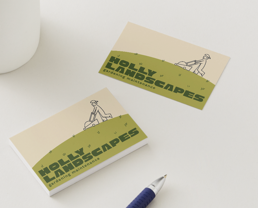 Business cards for 'Hollywood Landscapes' featuring a simple illustration of a person mowing grass, with green and beige color tones.