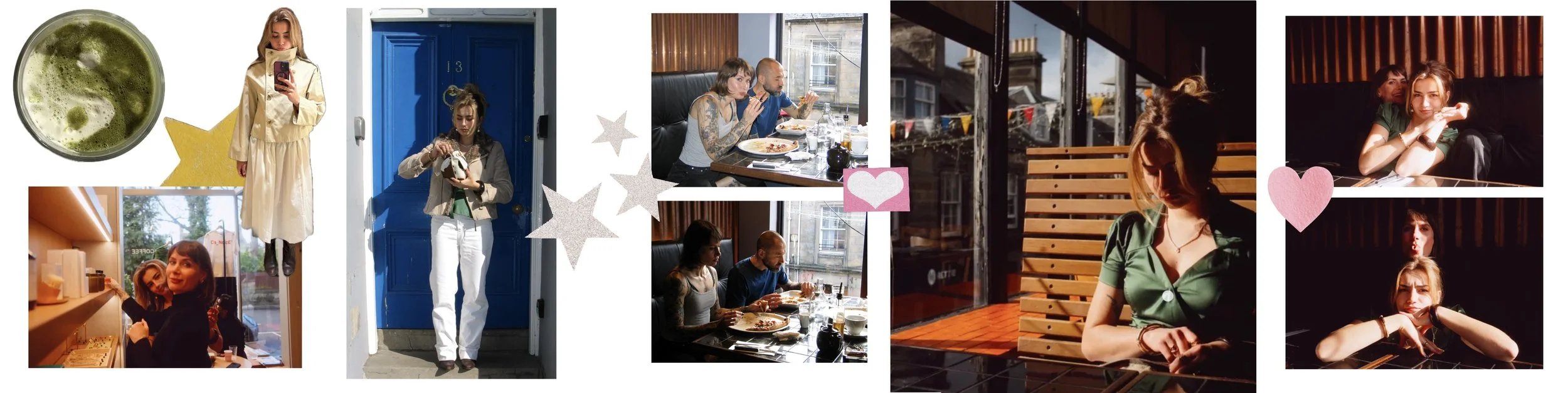 A collage of people dining at a restaurant, friends socializing, and women posing for photos, with decorative star and heart stickers.