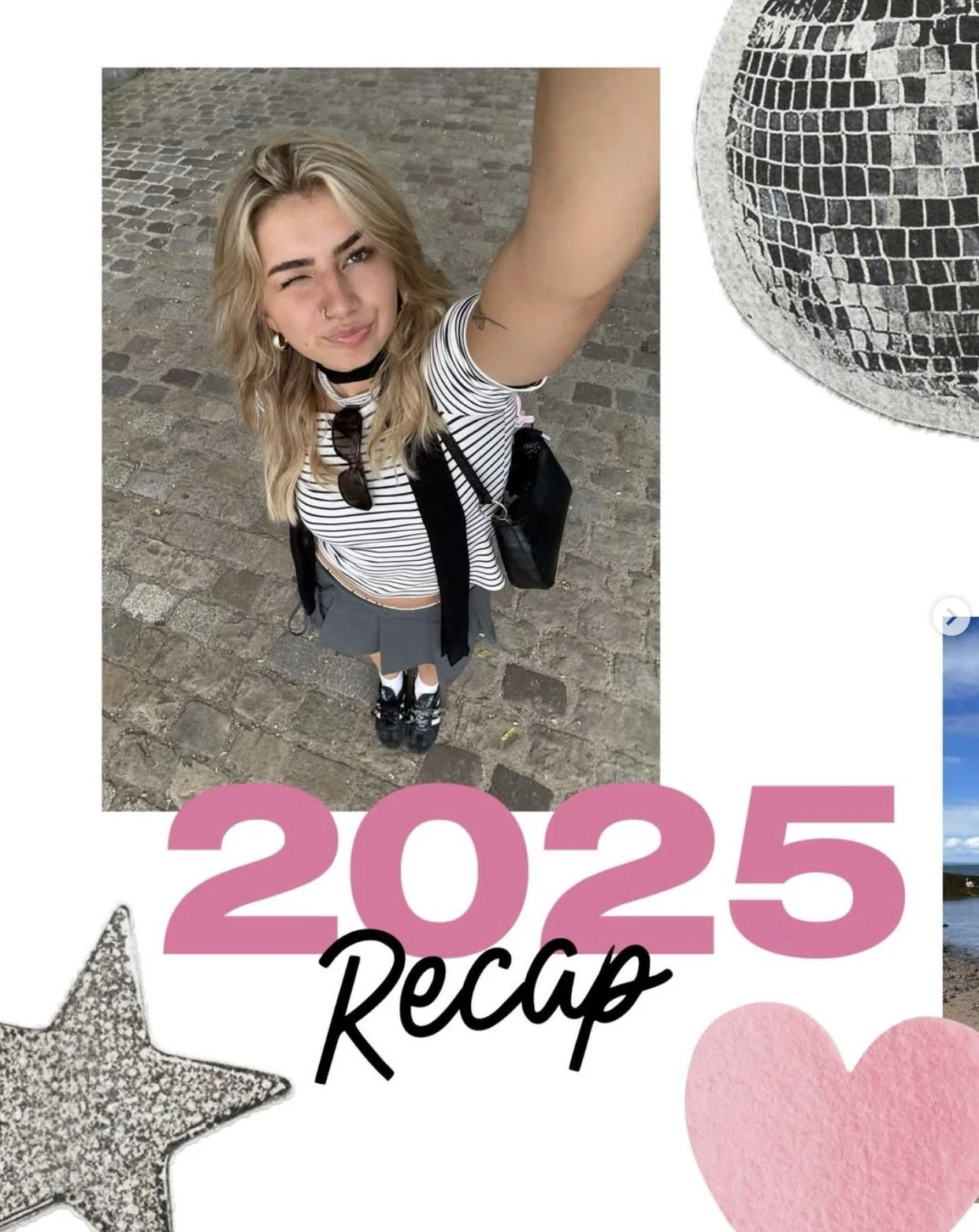 A young woman taking a selfie outdoors on a cobblestone street, wearing a striped shirt, a skirt, and black shoes, with a playful expression and wink.