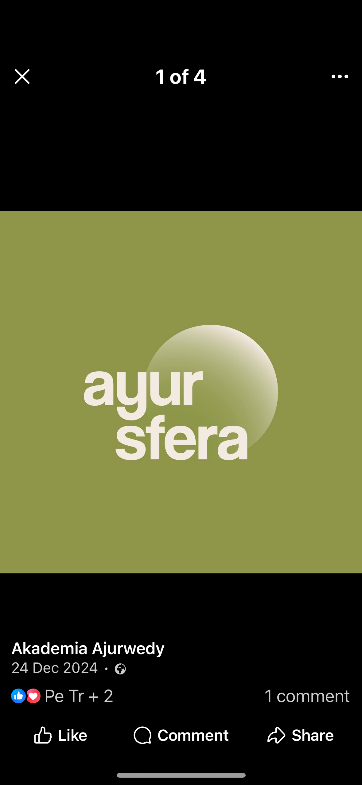 Social media post promoting 'Akademia Ajurwedy' with a green and black background, featuring white text 'ayur sfera' and a circular design.