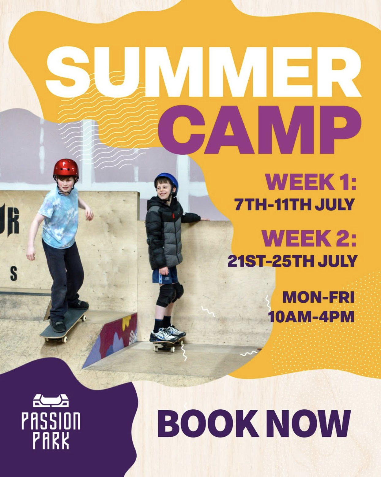 Children wearing helmets skateboarding at an indoor skate park with a promotional poster for a summer camp overlaid.