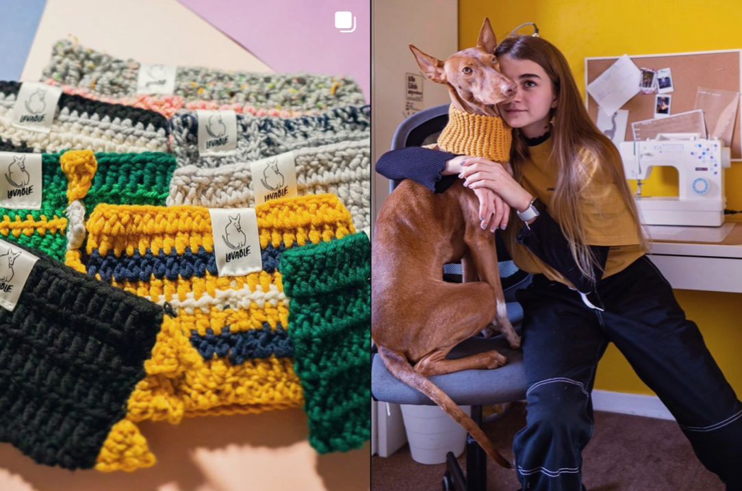Left side: colorful handmade knitted socks with tags. Right side: girl with long hair hugging a greyhound dog wearing a yellow sweater, sitting in a room with a yellow wall and a sewing machine.