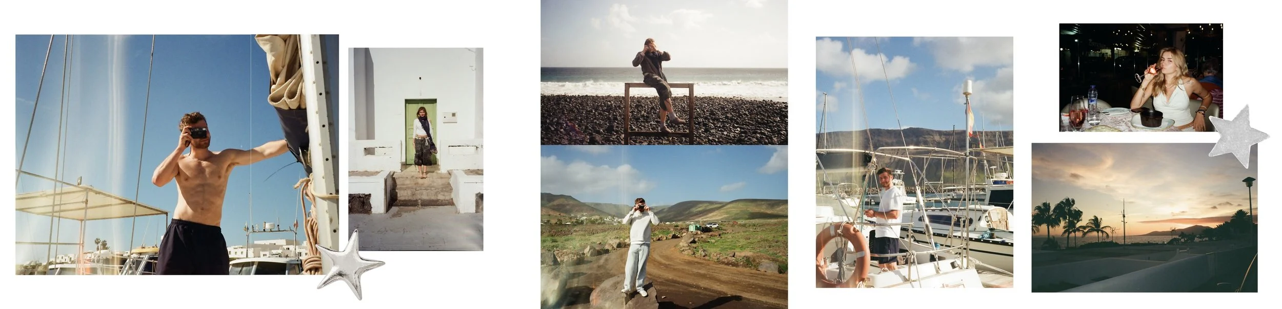 A collage of seven photographs showing people enjoying outdoor activities and leisure, including boating, taking photos, at the beach, hiking, and dining at sunset, with decorative silver star stickers on the collage.