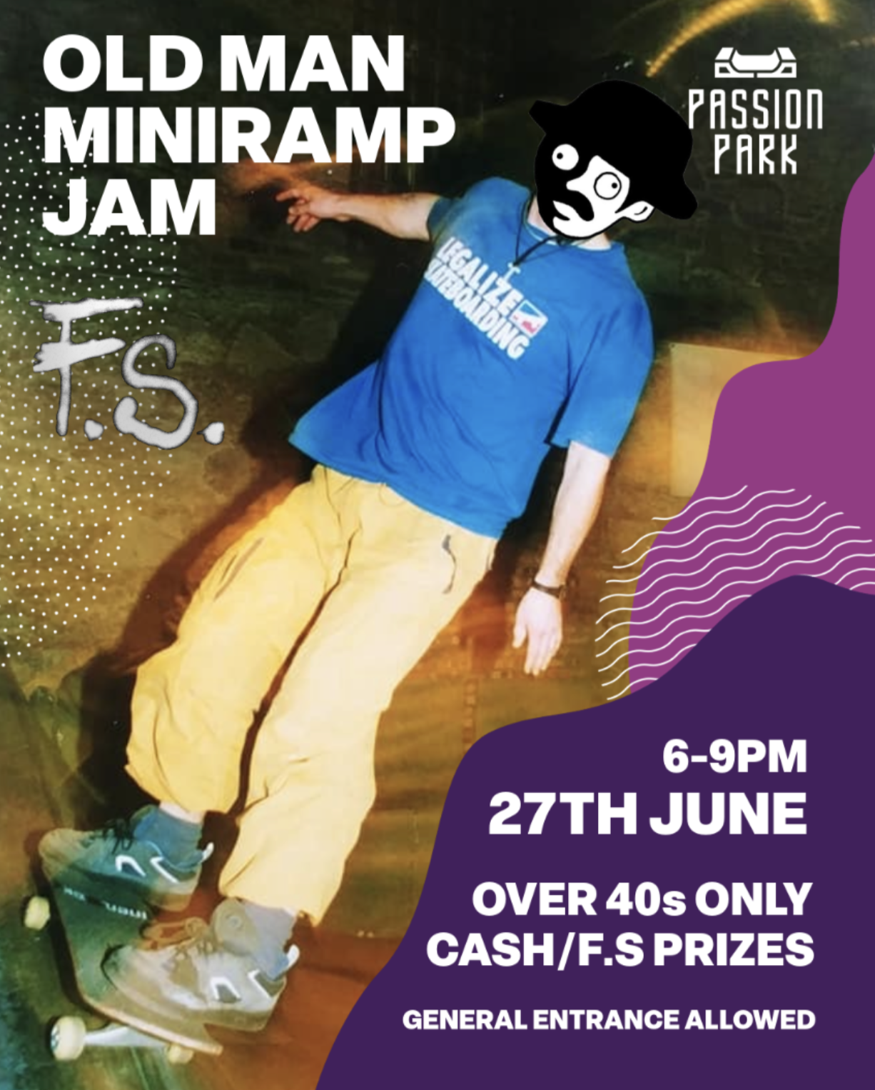 A person in a blue T-shirt and yellow pants skating indoors, with digital artwork and event details overlaid on the image, promoting a mini ramp skate jam event for over 40s at Passion Park on June 27th from 6 to 9 PM.