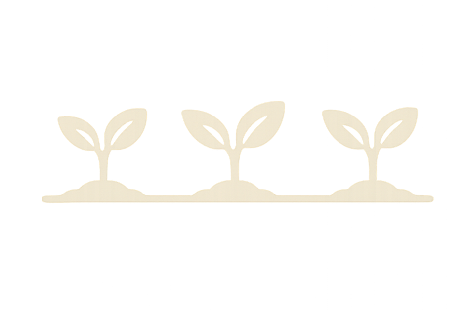 Line drawing of a greenhouse with three plants inside, showing the growth stages of plants from seed to mature plants with leaves.