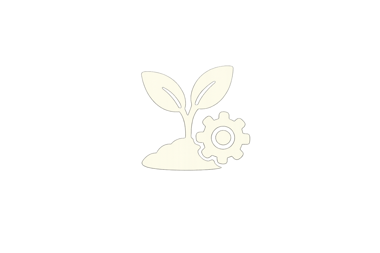 Outline of a sprouting plant with two leaves and a gear icon at the base, symbolizing growth and technical development.