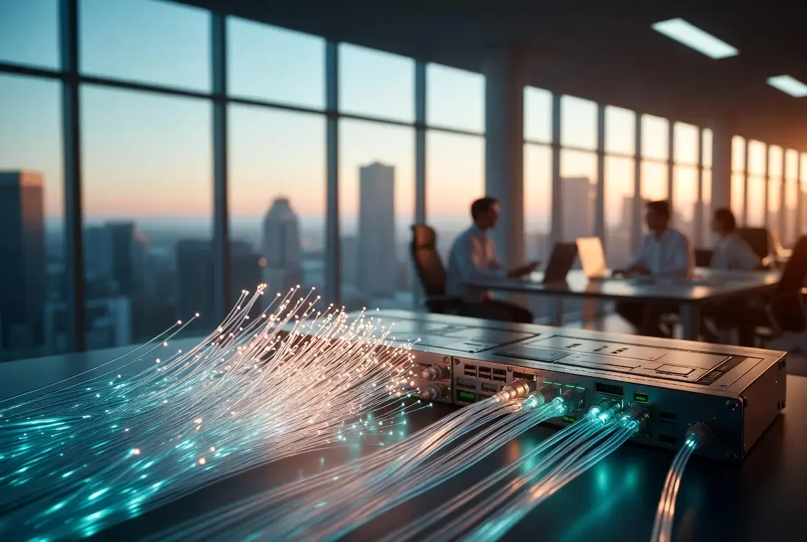 Close-up of a fiber optic network device with glowing fiber optic cables in a modern office with large windows and cityscape at sunset, and people working at computers in the background.
