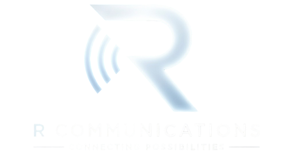 Logo for R Communications with a stylized letter R and signal waves, and the tagline 'Connecting Possibilities'.