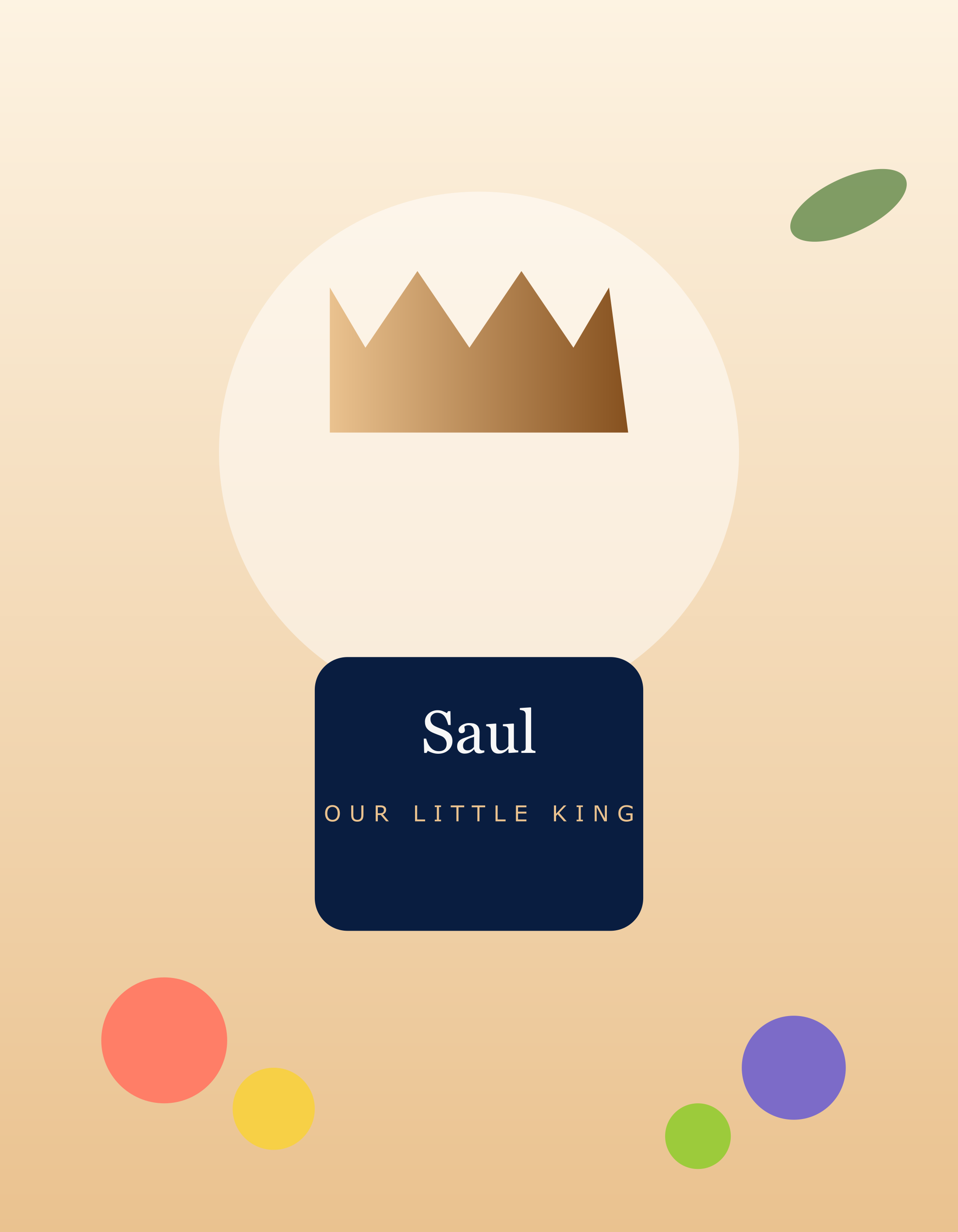 Book cover titled "Saul: Our Little King" with a stylized crown icon on a beige background, surrounded by colorful circles.