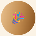 Colorful celebratory splash with confetti on a brown circular background.