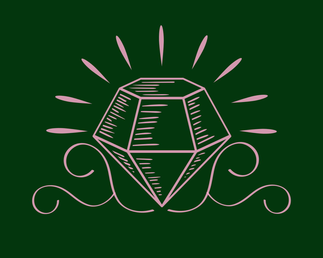 A geometric drawing of a gemstone with decorative swirls and lines radiating outward on a dark green background.