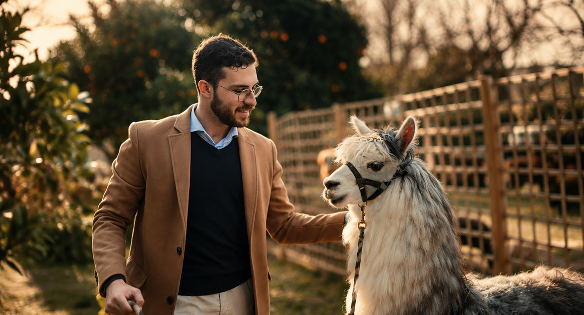 Homem acariciando uma alpaca branca num cercado ao ar livre ao pôr do sol.