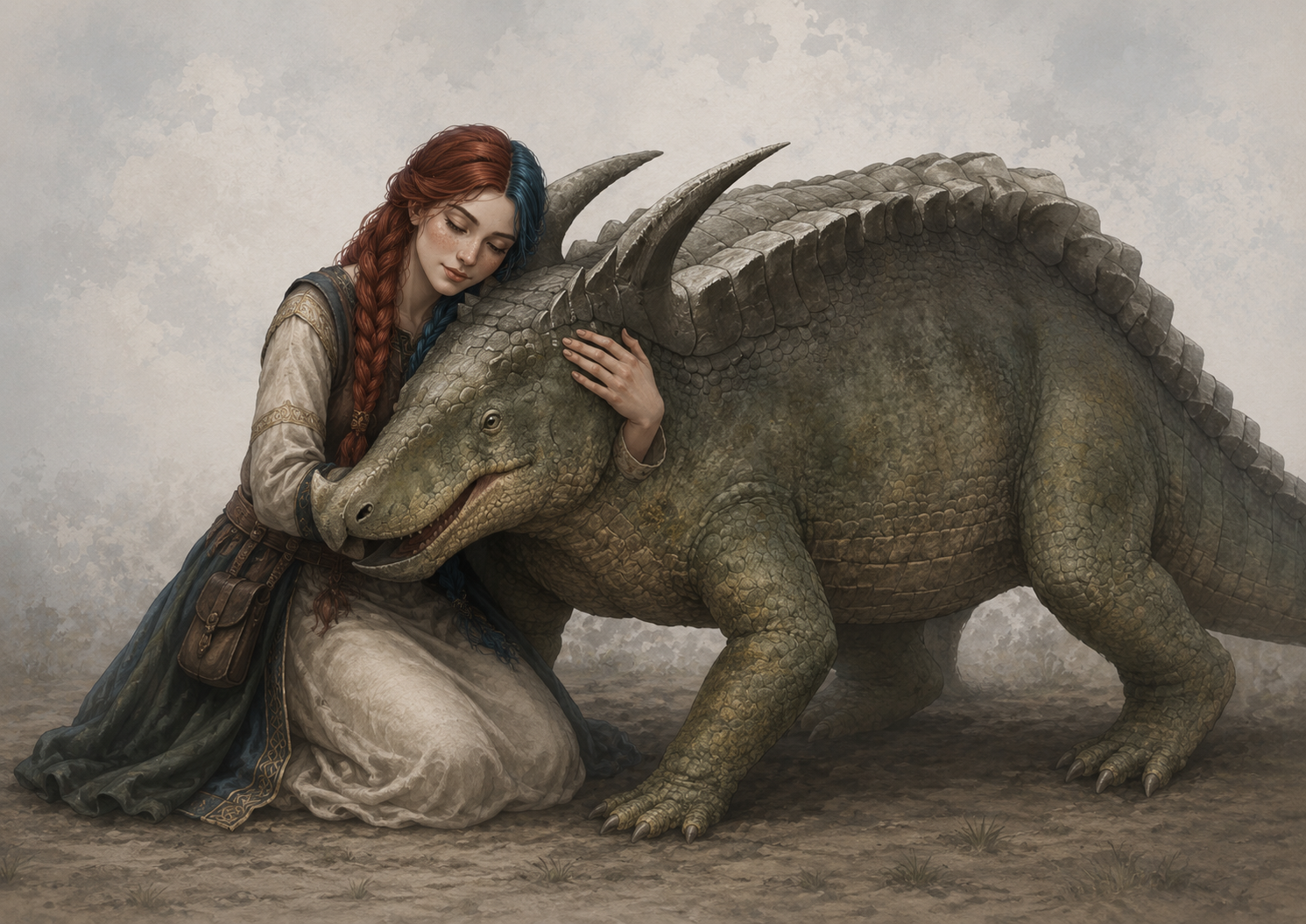 Uma jovem com cabelos trançados e roupas medievais está ajoelhada e abraça um grande animal da espécie desmatosuchus, com expressão pacífica.