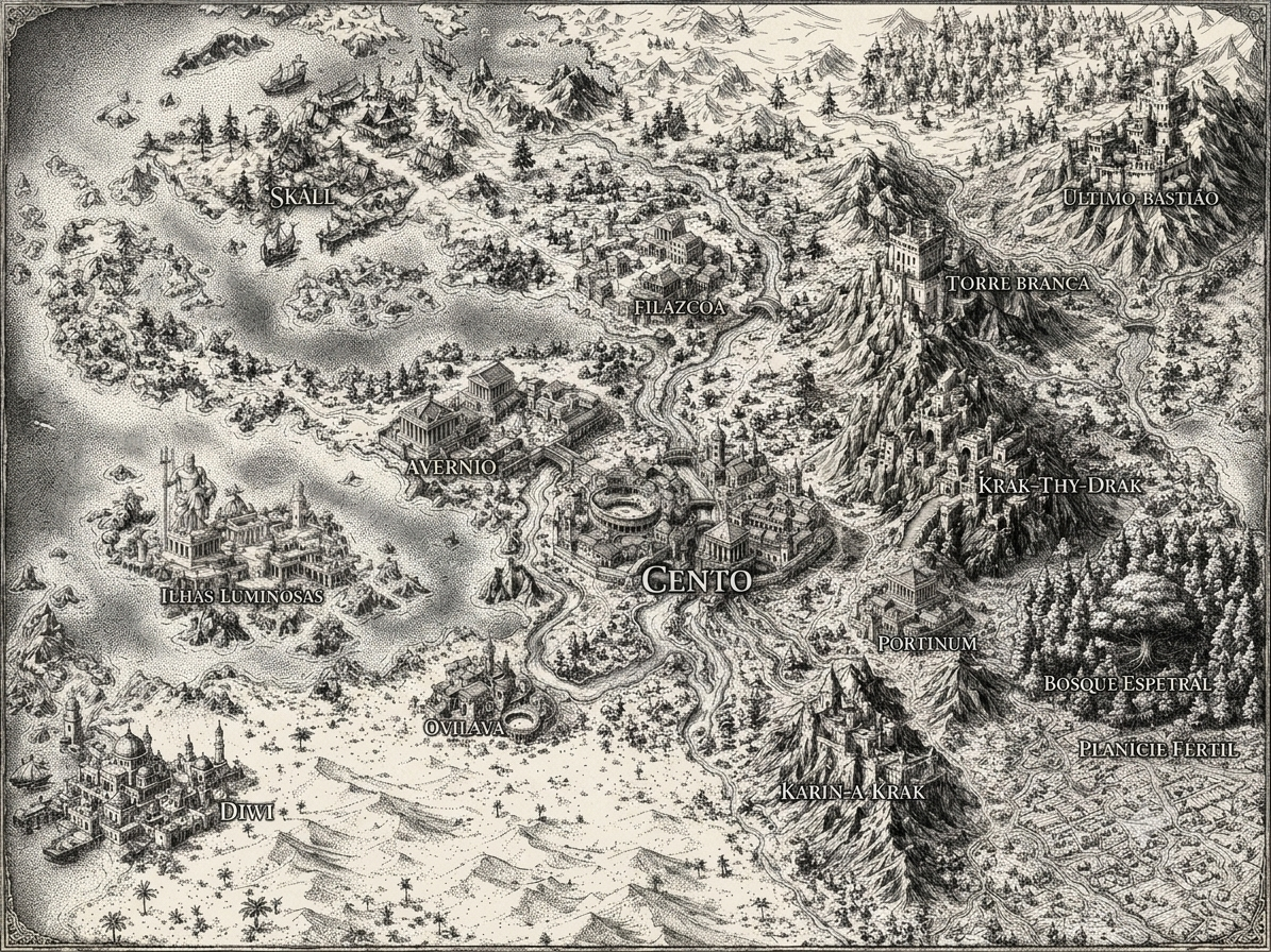 Mapa antigo com várias regiões e nomes de localidades, incluindo Ilhas Luminosas, Diwani, Ovilava, Porta Nuvem, Portinum, Karin a Krak, KraK ThY Drak, Torre Branca, Último Bastião, Filazcoa, Skall e Cento. Região de montanhas, rios e áreas costeiras.