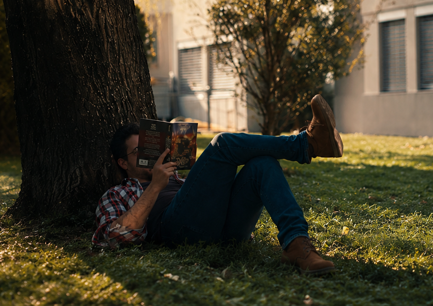 Pessoa deitada sob uma árvore lendo um livro em um parque, com luz do pôr do sol ao fundo.