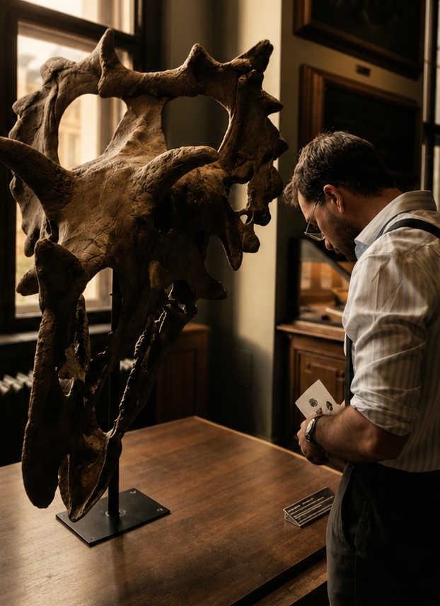 Homem observando um fóssil de crânio de Triceratops em exibição em uma sala de museu.