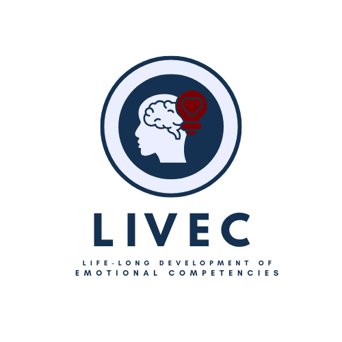 Logo featuring a silhouette of a person's head with a brain and a lightbulb with a heart inside, above the text 'LIVEC' and the slogan 'LIFE-LONG DEVELOPMENT OF EMOTIONAL COMPETENCIES.'