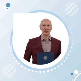 A bald man in a maroon blazer and patterned shirt holding a blue folder, standing in front of a white background with a digital graphic design.