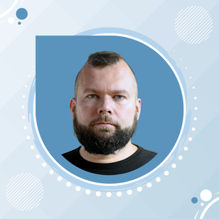 A man with a beard and short hair looking directly at the camera, against a light blue background with graphic design elements.