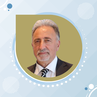 A portrait of an older man with gray hair and a beard, wearing a dark suit and tie, against a gold and green background with decorative elements.