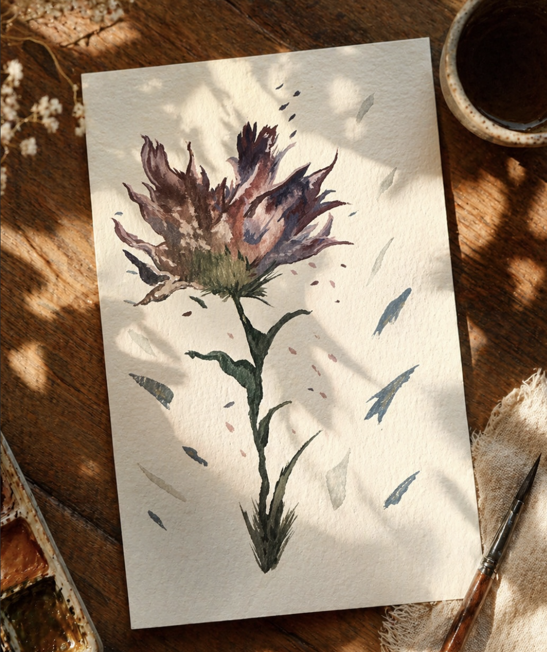 Watercolor painting of a flower on textured paper, placed on a wooden table with a paint palette, a cup of coffee, and a pen nearby.
