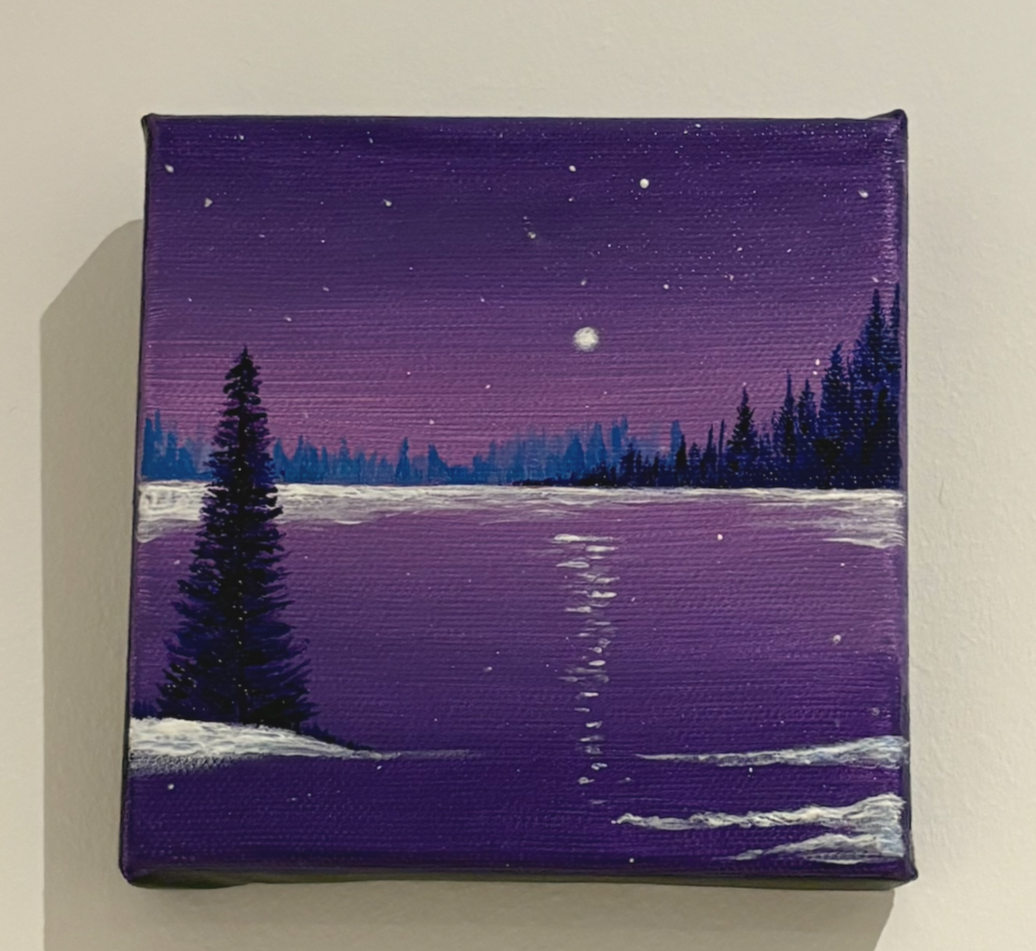 A painting of a night scene with purple sky, moon, and stars reflected on a lake surrounded by trees.