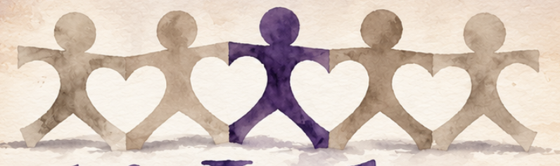 Illustration of six paper cutout figures holding hands, with the middle figure filled in purple and the others in beige.